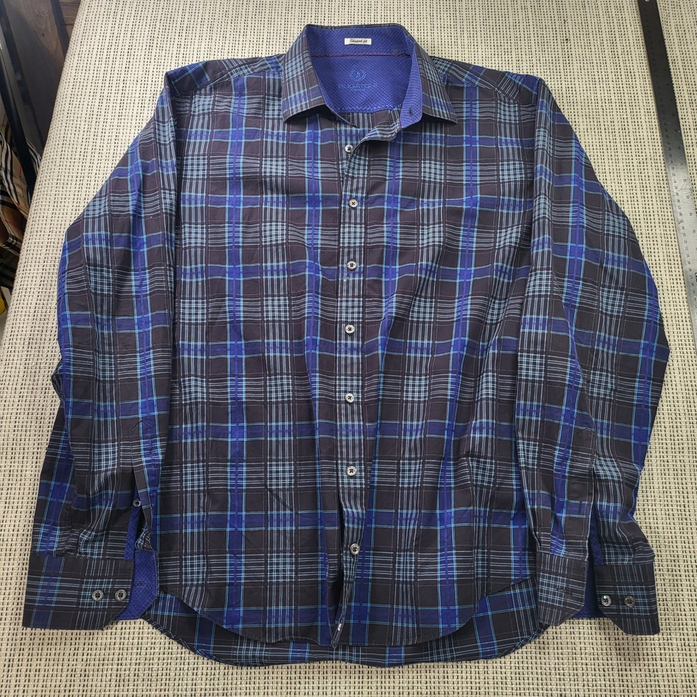 Bugatchi Uomo Shirt Mens L Blue Plaid Shaped Fit Long Sleeve Button Up Designer